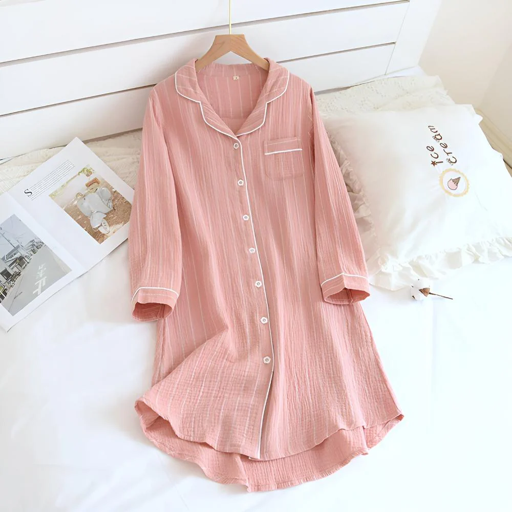 Chemise de Nuit en Coton Rayures Pastel - Image 3