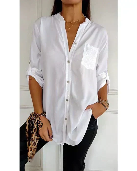 Chemisier Femme Blanche En Coton À Coupe Élancée Et Manches Longues - Image 5
