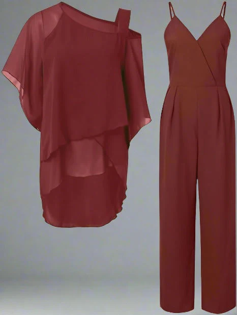 Ensemble de Luxe Femme Jumpsuit et Blouse Épaule Asymétrique en Mousseline – Tenue Élégante Légère Fluide Deux Pièces - Image 3