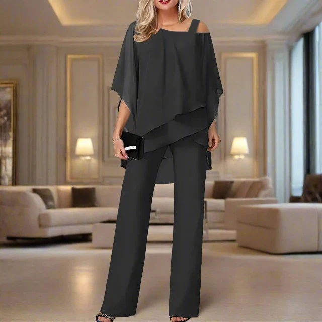 Ensemble de Luxe Femme Jumpsuit et Blouse Épaule Asymétrique en Mousseline – Tenue Élégante Légère Fluide Deux Pièces - Image 4