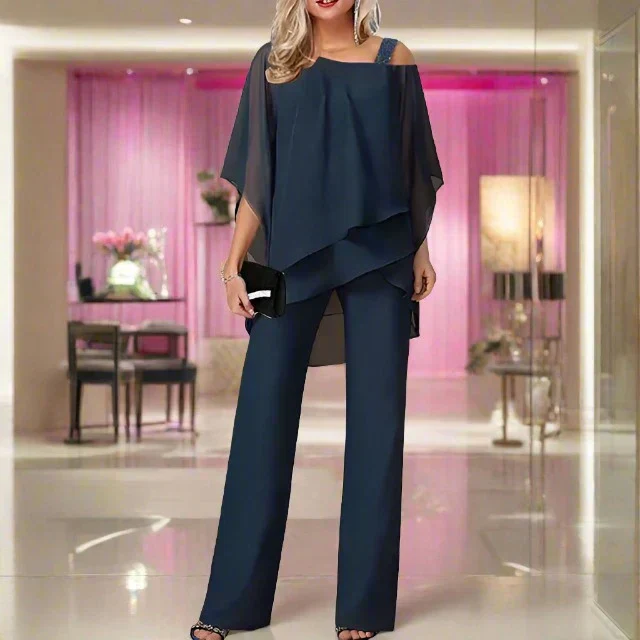 Ensemble de Luxe Femme Jumpsuit et Blouse Épaule Asymétrique en Mousseline – Tenue Élégante Légère Fluide Deux Pièces - Image 7
