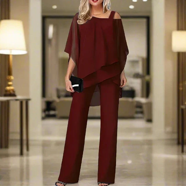 Ensemble de Luxe Femme Jumpsuit et Blouse Épaule Asymétrique en Mousseline – Tenue Élégante Légère Fluide Deux Pièces - Image 8