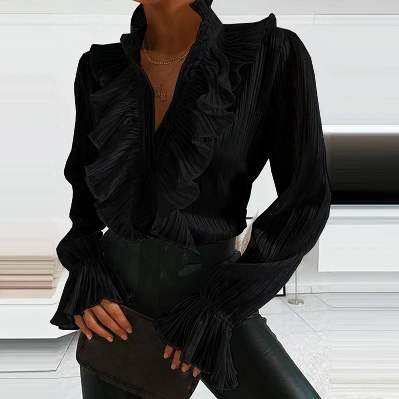 Femmes élégante à volants et boutons soirée bureau Blouse – Stylée, Flatteuse - Image 3