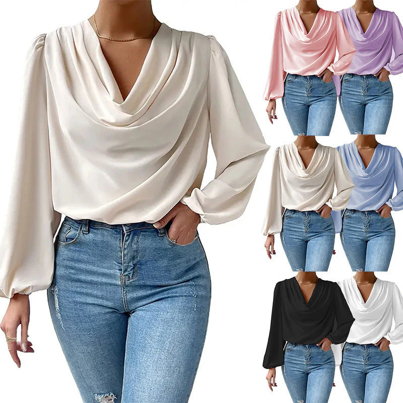 Femmes Élégante Col Cowl Chiffon Manchon ballon Chemisier - Polyvalente - Image 10