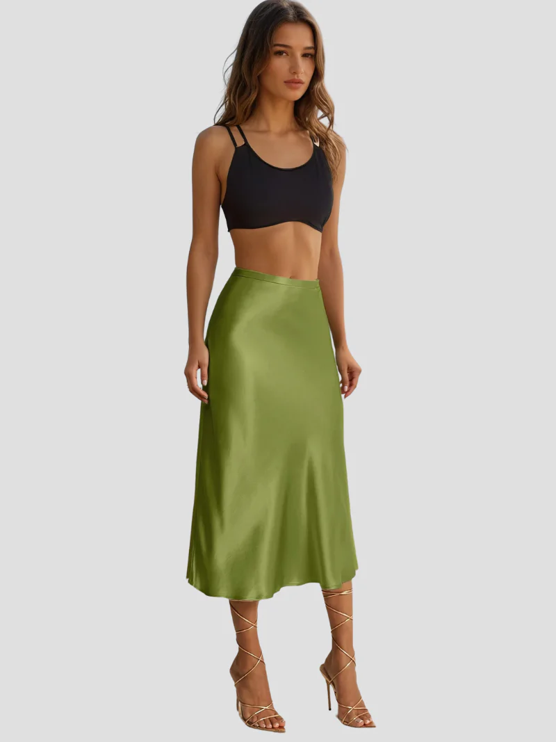 Jupe midi satinée taille haute élégante et stylée femme – Jupe fluide légère soyeuse pour tenues formelles, bureau ou décontractées - Image 3