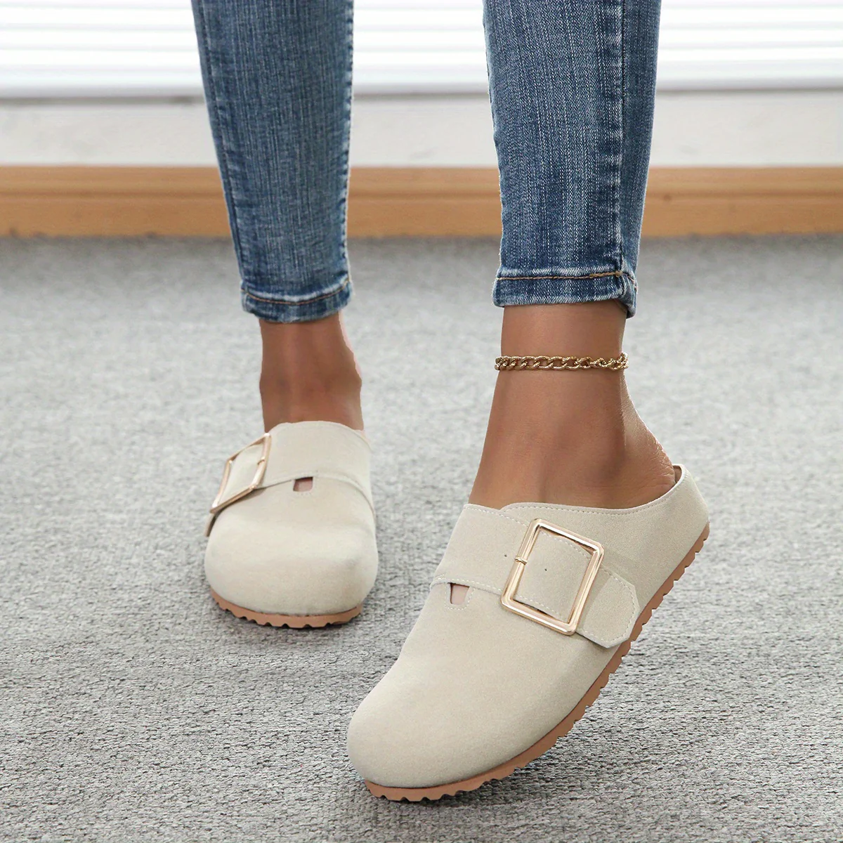 Mules à enfiler pour femmes - Tige en tissu confortable avec sangle à boucle métallique, semelle intérieure en PU doux et semelle en PVC durable - Chaussures décontractées toutes saisons, faciles à nettoyer, chaussure élégante | Confort garanti - Image 13