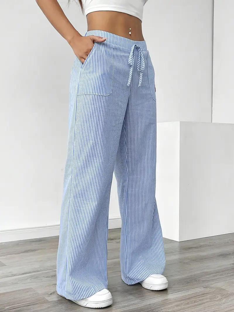 Pantalon large décontracté à rayures pour femme, élégant et décontracté – Pantalon d'été léger et respirant avec poches - Image 19