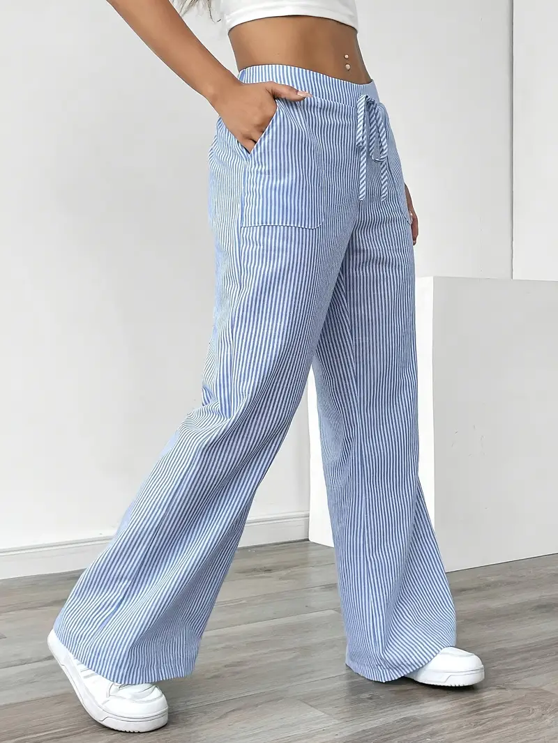 Pantalon large décontracté à rayures pour femme, élégant et décontracté – Pantalon d'été léger et respirant avec poches - Image 23