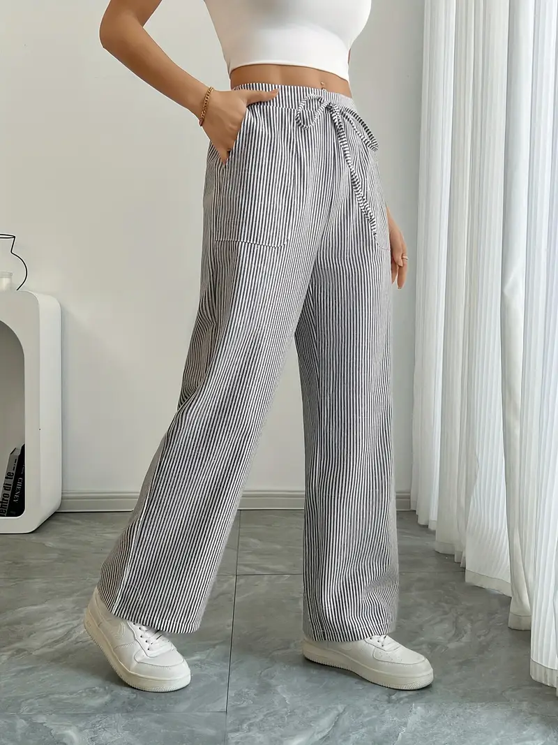 Pantalon large décontracté à rayures pour femme, élégant et décontracté – Pantalon d'été léger et respirant avec poches - Image 25