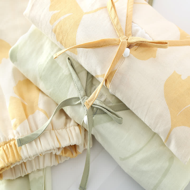 Pyjama Décontracté Élégant Femme à Feuilles de Ginkgo – Ensemble 2 Pièces Léger et Doux en Coton avec Noeud Décoratif et Coupe Ample - Image 4