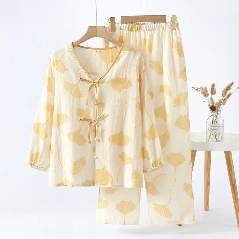 Pyjama Décontracté Élégant Femme à Feuilles de Ginkgo – Ensemble 2 Pièces Léger et Doux en Coton avec Noeud Décoratif et Coupe Ample - Image 5