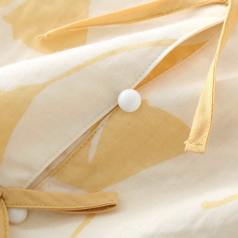 Pyjama Décontracté Élégant Femme à Feuilles de Ginkgo – Ensemble 2 Pièces Léger et Doux en Coton avec Noeud Décoratif et Coupe Ample - Image 6