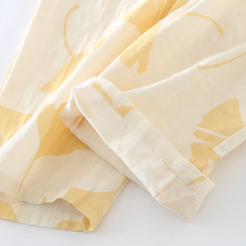 Pyjama Décontracté Élégant Femme à Feuilles de Ginkgo – Ensemble 2 Pièces Léger et Doux en Coton avec Noeud Décoratif et Coupe Ample - Image 9